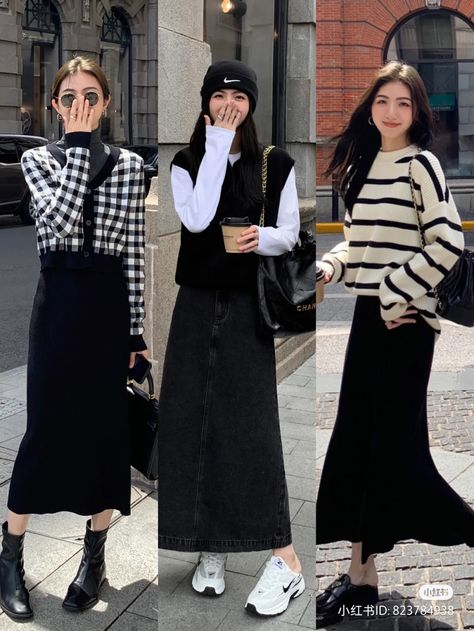 Long Skirt Fall Outfits Aesthetic, Black Long Skirt Outfit Korean, Korean Outfits Skirts Long, Korean Long Skirt Outfits For Winter, Asian Fall Fashion, Long Skirt Korean Outfit, Hongkong Winter Outfit, Korean Long Skirt Fashion, Asian Fall Outfits