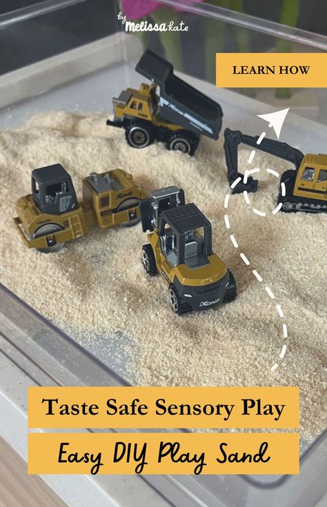 Check out this DIY play sand for taste safe sensory play. I use stale cereal like cheerios and blend it until it's is a fine sand, then add it to a sensory bin or sensory table for your little one to explore. This sensory sand is one of our favorite sensory activities for kids. Add toy cars and trucks to the sensory bin for more interactive play. Be sure to follow along for more activities for kids and sensory ideas. Please note this includes an affiliate link and I may receive compensation. Dry Sensory Bin Ideas, Truck Activities, Taste Safe Sensory Play, Taste Safe Sensory, Sensory Bin Ideas, Transportation Activities, Play Sand, Sensory Ideas, Sensory Lights