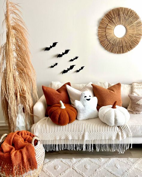 Fall decor, fall decorating, halloween decor, halloween decorations, ghost pillows, jumbo pumpkin pillows, faux fur teddy pillows, burnt orange throw blanket, burnt orange pillows, ghost decor, pumpkin decor, halloween decorating ideas, cozy throw blanket, sherpa pillow cover, ghost decorations, pumpkin decorations Halloween Pillows On Couch, Boho Fall Living Room, Minimalist Halloween Decor Living Room, Halloween Couch Decor, Halloween Party Living Room, Sherpa Pillow, Living Room Halloween, Haloween Decor, Halloween Living Room Decor