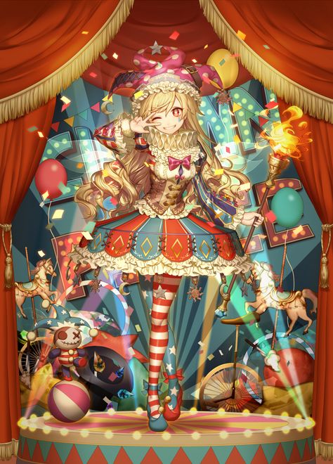 A perfect setting for Clownpiece. Clown Backgrounds, Clown Mood, Anime Circus, Circus Aesthetic, Circus Characters, Circus Art, Circus Theme, 판타지 아트, 영감을 주는 캐릭터