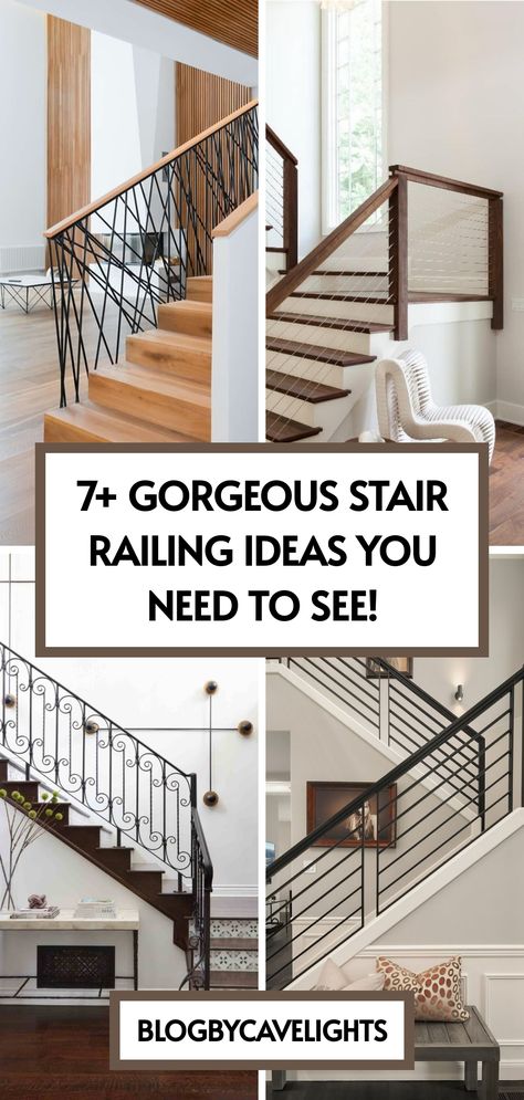 7 stair railing ideas Wrought Iron Handrails Interior, Indoor Stairs Railing Ideas, Modern Bannister Ideas, Horizontal Stair Railing Ideas, Staircase Railing Design Steel, Stair Baluster Ideas, Updated Stair Railing, Wood Stair Railing Ideas, Metal Railings Indoor