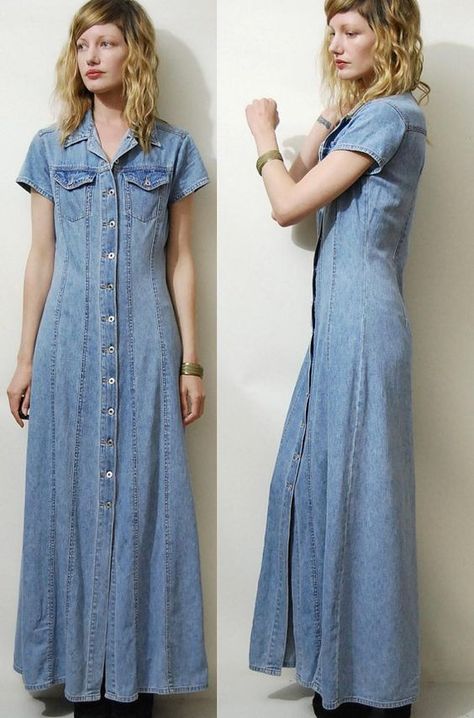 90s Vintage DENIM Dress Maxi Long BUTTON DOWN vtg by cruxandcrow, $69.00: Maxi Jean Dress, Button Dress Pattern, 90s Denim Dress, Informal Attire, Style Dress Patterns, Long Denim Dress, Vintage Denim Dress, Vestidos Retro, Blue Jean Dress