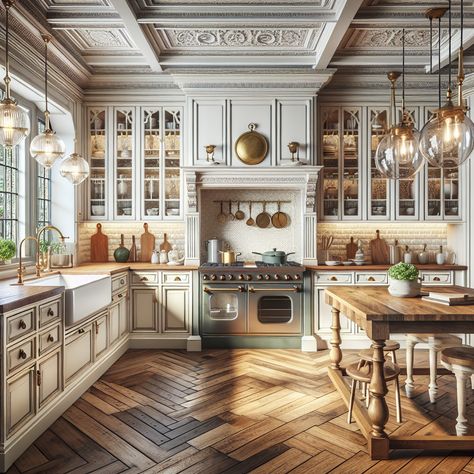 This kitchen should embody the charm of the old world with modern essentials. It should have intricate moulding on its cabinets, finished in white. There should be a big farmhouse sink, shiny brass fixtures and a large wooden table that serves as an island. The walls must be embellished with period-inspired wall papers and illuminated with lantern-style pendant lights hanging from a high ceiling. This image ought to serve as an inspiration for a kitchen remodel. Italian Kitchen Aesthetic, Vintage Kitchen Aesthetic, American Classic Kitchen, Italian Style Kitchen, Classic English Kitchen, Modern Italian Kitchen, Italian Kitchen Design, Italian Kitchens, Vintage Inspired Kitchen