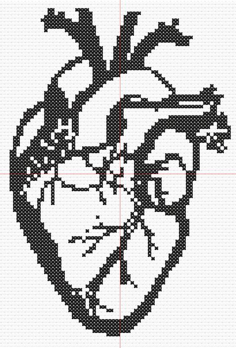 Human Heart Cross Stitch Pattern, Anatomical Heart Cross Stitch Pattern, Heart Pixel Art Grid, Skeleton Tapestry Crochet, Free Crochet Grid Patterns, Heart Tapestry Crochet Pattern, Heart Alpha Pattern Crochet, Anatomical Heart Cross Stitch, Creepy Pixel Art