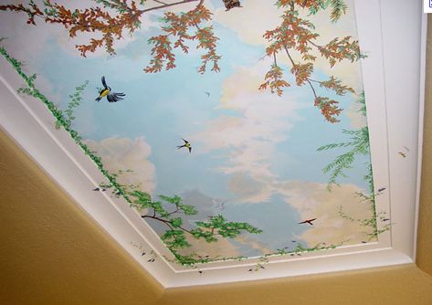 sky painted ceilings columns disguised for feng shui | Feng Shui ... Sky Ceiling, Tibetan Prayer Flag, Paper Parasol, Ceiling Murals, Wall Murals Painted, Mobile Art, Bedroom Ceiling, Floral Poster, Painting Studio