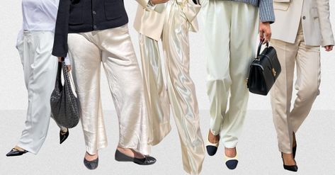 The Graceful Trouser Trend Stylish Londoners Are Wearing Instead of Jeans This Winter White Satin Trousers Outfit, Cream Satin Pants Outfit, Satin Trousers Outfit, Satin Pants Outfit, Silky Pants, Satin Suit, Trouser Outfit, Satin Trousers, Pant Trends