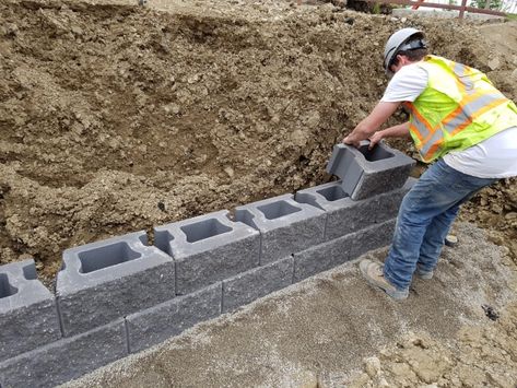 CornerStone 100 Retaining Wall Block Installation Wooden Retaining Wall, Retaining Blocks, Small Retaining Wall, Landscaping Around Deck, Diy Retaining Wall, Retaining Wall Block, Retaining Wall Blocks, Retaining Wall Design, Outdoor Lounge Area