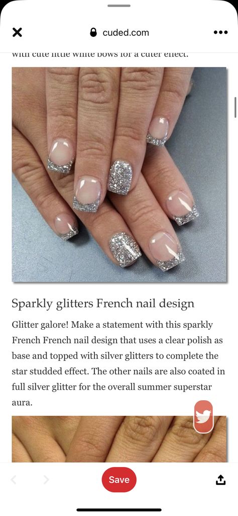 Grey French Tip Nails Silver Glitter, Grey French Nails, Silver Glitter French Tip Nails, Glitter French Tip Nails, Gel Overlay Nails, Glitter French Tip, Glitter French Nails, White French Nails, Overlay Nails