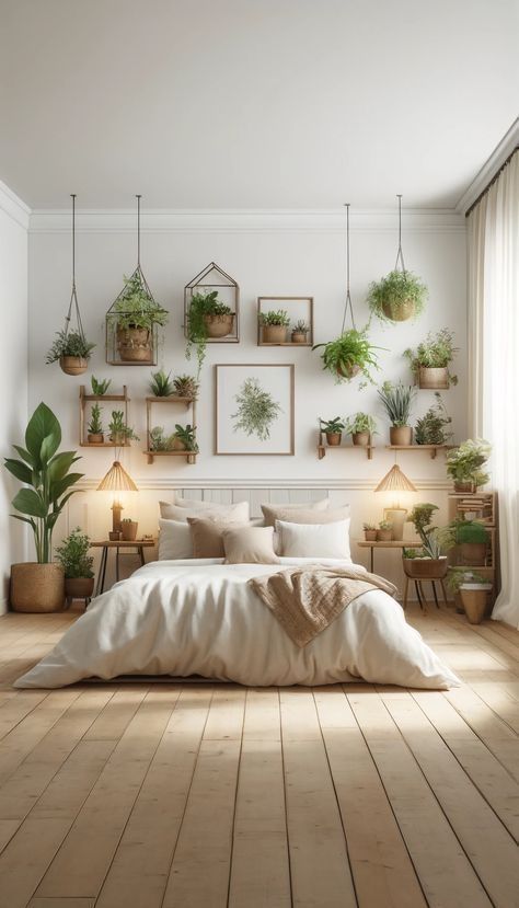 Green And Earthy Bedroom, Nature Inspired Rooms Bedrooms, Plant Wall Above Bed, White Bedroom With Plants Aesthetic, Bedroom Decor Natural Earthy, Neutral Bedroom With Plants, Plant Themed Bedroom Aesthetic, Warm Tone Bedroom Aesthetic, White Bedroom Green Accents