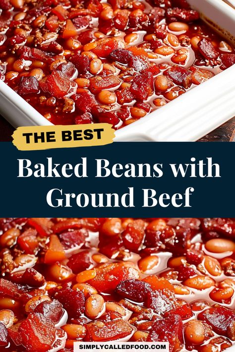 Savor this baked beans with ground beef recipe that combines the perfect blend of flavors. Featuring baked beans with ground beef and bacon, bell peppers, and sausage, this dish is a true Southern delight. With brown sugar and BBQ sauce, it balances sweet and spicy. Whether you use a crock pot or oven, this easy and healthy dinner recipe is made with Bush's canned beans for a hearty meal. Check out this baked beans with ground beef recipe and more ground beef recipes at SimplyCalledFood.com. Ground Beef Baked Beans, Baked Beans With Hamburger, Baked Beans With Ground Beef, Beans With Ground Beef, Ground Beef And Bacon, Pork And Beans Recipe, The Best Baked Beans, Southern Baked Beans, Baked Beans Crock Pot