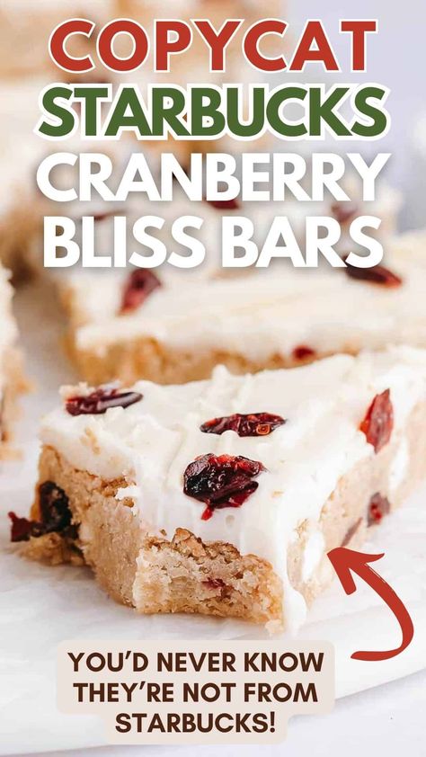 My version of Starbucks' cranberry bliss bars - save money and get just as much holiday flavor by making this white chocolate and cranberry treat at home! You would never know these aren't the real thing. | starbucks copycat recipe | starbucks cranberry bliss bars | Delicious Desserts | Yummy Food | Bars Recipes | Starbucks Cranberry Bars Recipe | Winter Holiday Desserts | Christmas Desserts | Christmas Food | Just Desserts Starbucks Cranberry Bliss Bars Copycat, Winter Holiday Desserts, Cranberry Bars Recipe, Starbucks Cranberry Bliss Bars, Starbucks Cranberry Bliss, Cranberry Bliss Bars Recipe, Cranberry Bliss Bars Starbucks, Bliss Bars, Cranberry Bliss