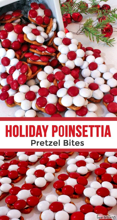 These adorable Holiday Poinsettia Pretzel Bites will be everyone's favorite Christmas Treat - so easy to make and so delicious. They are yummy bites of Holiday themed sweet and salty goodness. You won't be sorry if you add these colorful treats to your list of Christmas Foods to make this year and follow us for more fun Christmas Desserts. Holiday Pretzels, Pretzel Desserts, Recipes List, Best Christmas Desserts, Snacks And Desserts, Best Christmas Recipes, Christmas Recipe, Christmas Candy Recipes, Christmas Sweets