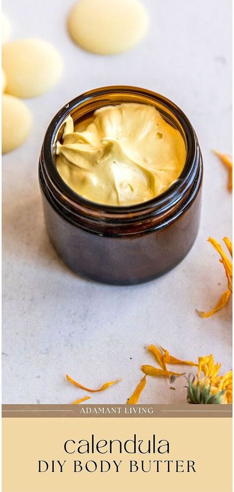 Herbal Body Butter Recipe, Calendula Body Butter, Tattoo Balm Recipe, Tiger Balm Recipe, Calendula Skincare, Calendula Lotion, Olive Oil Lotion, Body Butter Recipe Whipped, Benefits Of Calendula