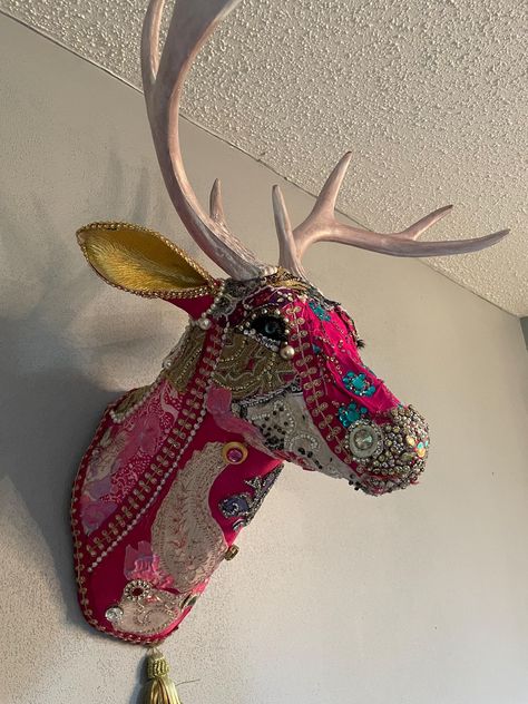 Jazz is basically pink and she has a very girly personality. Maximist Decor, Deer Heads Living Room, Deer Head Mount, Rustic Cowboy Decor, Paper Mache Deer Head, Deer Head Decor, Fabric Sculpture, Pink Deer, Cowboy Decor