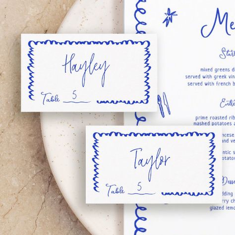 Hand Drawn Whimsical Fun Blue Wedding Table Flat Place Card Hand Drawn Place Cards, Wedding Table Place Cards, Blue Wedding Table, Handwritten Place Cards, Place Card Table Wedding, Table Name Cards, Table Place Cards, Free Birthday Invitations, Free Birthday Invitation Templates