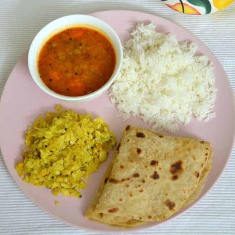 Palateo:  Lunch Menu   Chapati, Cabbage Sabzi, Rice and Sam... Cabbage Sabzi, Rukmani Krishna, Lunch Pictures, Lunch Images, Lunch Thali, Gujarati Thali, Lunch Recipes Indian, Sambar Recipe, Diwali Drawing