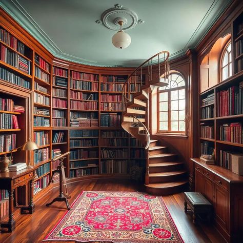 An antique library with towering bookshelves and a spiral staircase. #antique #library #toweringbookshelves #spiralstaircase #artgallery #artificialintelligence #white #WhatsApp #freepik #jetro003p Library Under Stairs, Spanish Mission Style, Wooden Library, Spanish Mission, Antique Library, Mission Style, World Of Books, Spiral Staircase, Under Stairs