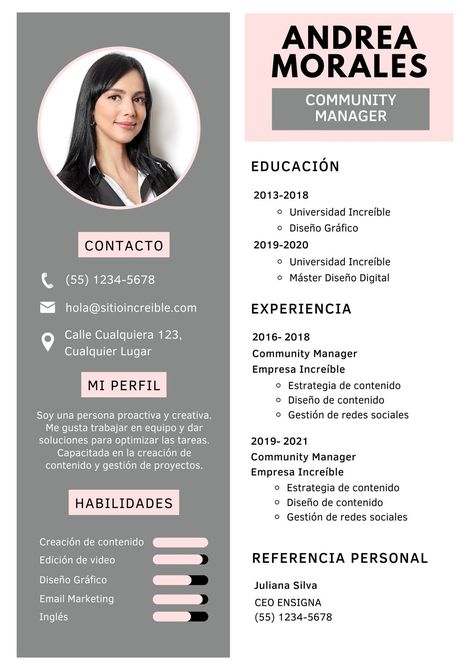 Currículum Hoja de Vida Negocios Digitales Gris y Rosa - Templates by Canva Curriculum Vitae Design, Resume Maker, Photo Collage Maker, Marketing Logo, Collaborative Learning, Background Remover, Learning Management System, Curriculum Vitae, Printing Business Cards