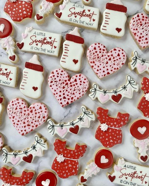 Red Theme Baby Shower Ideas, Sweetheart Baby Shower Cookies, Valentines Shower Theme, Valentine Baby Shower Cookies, Valentines Baby Sprinkle, February Baby Girl Shower Ideas, February Gender Reveal Ideas For Party, Baby Shower Ideas For February, Valentines Theme Baby Shower Ideas Boy