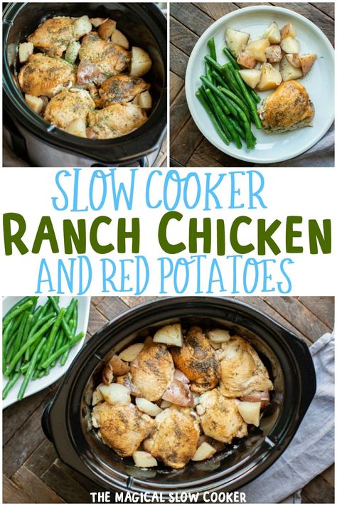 Slow Cooker Ranch Chicken with Red Potatoes Chicken And Red Potatoes, Slow Cooker Ranch Chicken, Magical Slow Cooker, Crockpot Chicken Thighs, Red Potato Recipes, Slow Cooker Chicken Thighs, Ranch Sauce, Crock Pot Potatoes, The Magical Slow Cooker