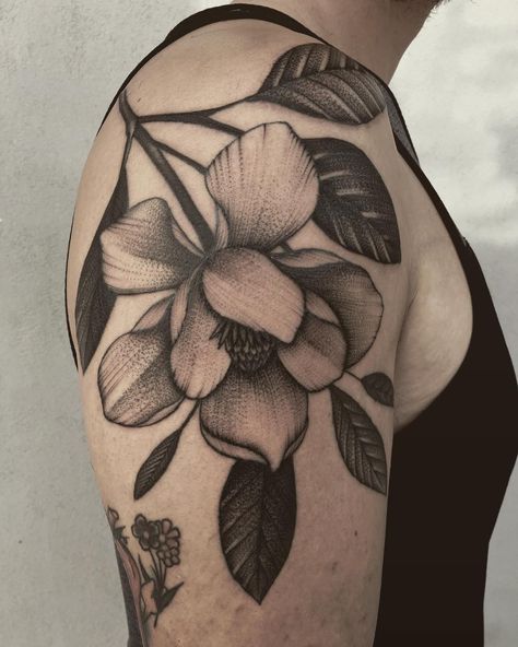 Finished this magnolia for Ernest. #magnolia #magnoliatattoo #neworleanstattoo #blacktattooart #btattooing #tattoo #tattoos #blackworkerssubmission #blackworkers #tttism Magnolia Flower Tattoo, New Orleans Tattoo, Flor Tattoo, Magnolia Tattoo, Flower Tattoo Meanings, Tattoo Pictures, Flower Tattoo Sleeve, Tattoos Skull, Sunflower Tattoos