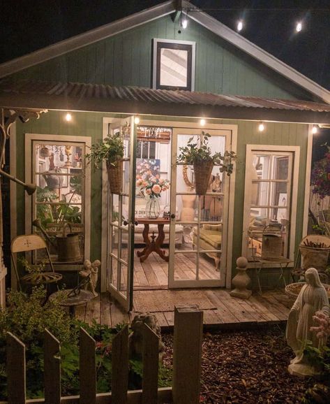 Witch She Shed Interior, Rustic Shed Interior Ideas, She Shed Chandelier, She Shed Hangout Ideas, Renovated Shed House, Yoga Shed Ideas, She Shed Cabin, She Shed Office Interior Ideas, Guest Shed Ideas