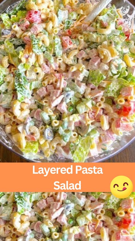 This layered pasta salad recipe is a must-try for any occasion! Packed with vibrant colors and flavors, it's a refreshing and satisfying dish that's ideal for potlucks, picnics, or as a light meal. Made with simple ingredients like macaroni pasta, crisp romaine lettuce, savory ham, and a creamy dressing, this salad is easy to assemble and guaranteed to impress. Whip it up for your next gathering and watch it disappear in no time! Layered Salad With Peas, Romaine Lettuce Recipe, Ham Pasta Salad, Macaroni Salad With Ham, Layered Pasta, Ham Salad Recipes, Health Meal Prep, Ham Pasta, Savory Ham