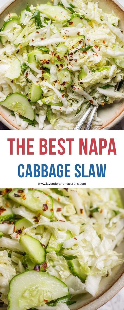 This Napa cabbage salad is a perfect blend of crisp, refreshing veggies and a zesty dressing. It's a quick 5-ingredient side dish that's low on effort but big on flavor. Best of all, this vegan salad is mayo-free! Napa Cabbage Salad Recipes, Simple Cabbage Salad, Healthy Napa Cabbage Recipes, Salad Made With Napa Cabbage, Pioneer Woman Napa Cabbage Salad, Napa Salad, Nappa Cabbage Coleslaw, Healthy Green Salads, Napa Cabbage Recipes