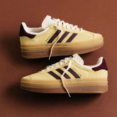 adidas Originals Gazelle Bold "Almost Yellow/Maroon/Wonder White" Women's Shoe Gazelle Bold Shoes, Adidas Originals Shoes, Gazelle Bold, Bold Shoes, Adidas Originals Gazelle, Minimal Aesthetic, White Shoes Women, New Wardrobe, Leather Wraps