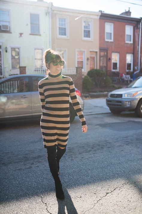 This Striped Sweater Dress Is My New Favorite Thing - The Mom Edit Striped Sweater Dress Outfit, Sweater Dress Outfit Fall, Striped Dress Outfit, Mom Edit, Sweater Dress Outfit, Striped Sweater Dress, Fall Dress Outfit, Dress Looks, Turtleneck Sweater Dress