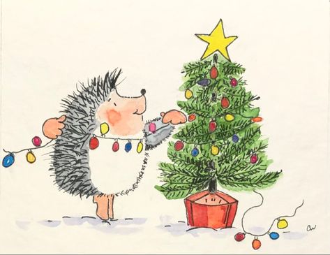 Christmas Hedgehog Drawing, Hedgehog Christmas Cards, Christmas Animals Illustration, Christmas Cards To Paint, Cute Art Ideas, Christmas Hedgehog, Hedgehog Drawing, Animal Art Ideas, Hedgehog Christmas