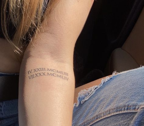 Roman Numeral Tattoo Ideas For Women, Roman Numeral Wrist Tattoos For Women, Numeral Number Tattoo Ideas, Birthdate Tattoo Ideas Roman Numerals, Roman Numeral Tattoo Arm, Roman Numeral Wrist Tattoo, Roman Numeral Date Tattoo, Dates Tattoo, Mia Tattoo