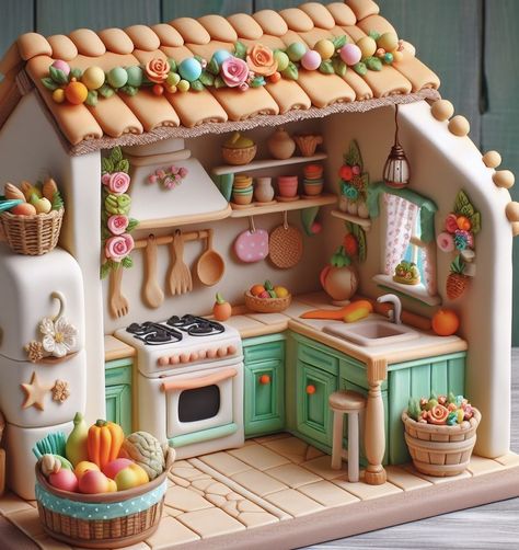 Clay Dollhouse Accessories, Polymer Clay Miniatures Doll Houses, Clay Dollhouse, Diy Fairy Door, Room Box Miniatures, Creative School Project Ideas, Miniature Bakery, Pottery Houses, Diy Crafts For Girls