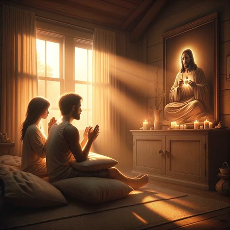 A serene image depicting a couple praying to a representation of Jesus at home during sunrise. The scene is cozy and intimate, with warm sunlight filtering through a window, casting soft light on the couple and the room around them. The couple is sitting comfortably, possibly on cushions or a couch, with their hands clasped in prayer. Each hand has no more than five fingers, adhering to a... Lord King, Through A Window, Christian Pictures, Five Fingers, Got Your Back, Rock A, Love Couple, Jesus Loves, Elie Saab