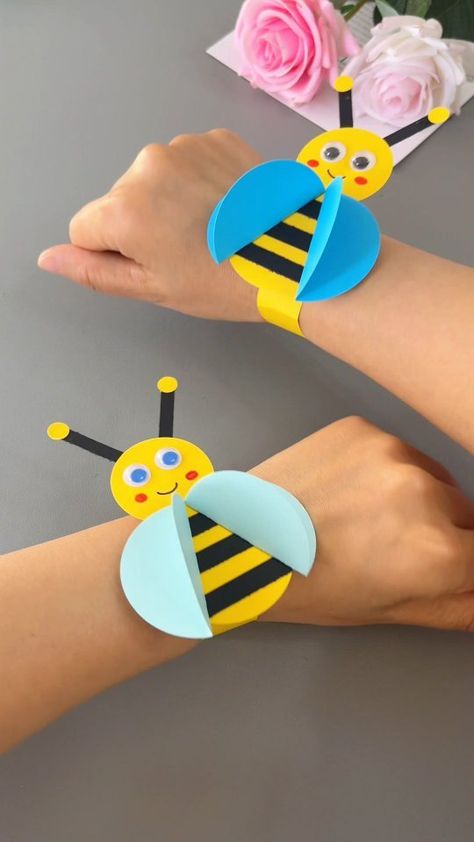 paper crafts creator | Title: "Celebrate Labor Day with a Small Handmade Little Bee Bracelet on May 1st! 🐝 #ParentChildHandicraft #ChildHandicraft #HandmadeDIY… | Instagram Children's Day Craft, Bees For Kids, Paper Animal Crafts, Homeschool Art Projects, Bee Crafts For Kids, Kids Handicraft, Bee Bracelet, Toddler Art Projects, Hobbies For Kids