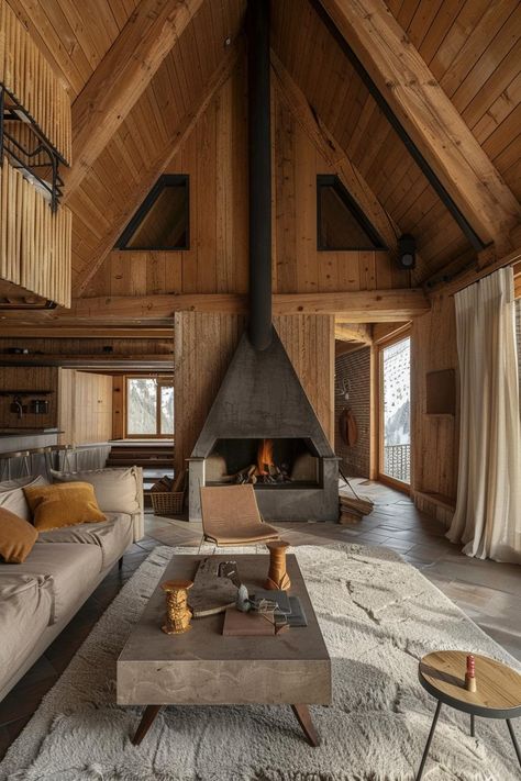 74 Modern A-Frame Houses Ideas for Your Perfect Escape A Frame Cabin Fireplace, A Frame Living Room Fireplace, Alpine House Design, A Frame Design Ideas, Modern Cabin Fireplace, A Frame Bungalow, Modern Alpine House, A Frame Cabin Interior Ideas, A Frame Cabin Interior