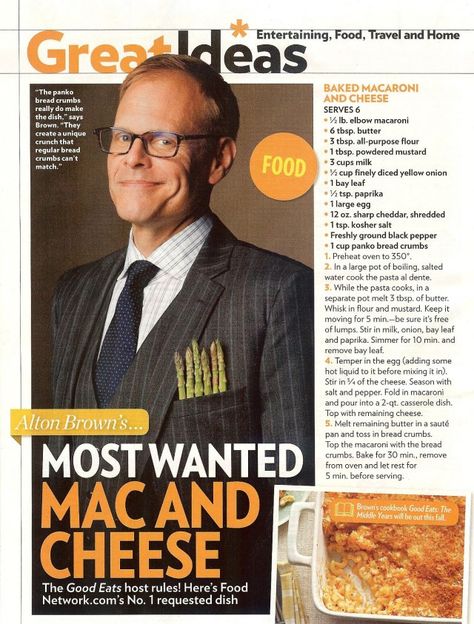 Alton Brown’s Mac and Cheese Brown Recipe, Macaroni Recipes, Mac Cheese Recipes, Macaroni N Cheese Recipe, Alton Brown, Baked Macaroni, Tv Food, Baked Mac, Mac N Cheese Recipe