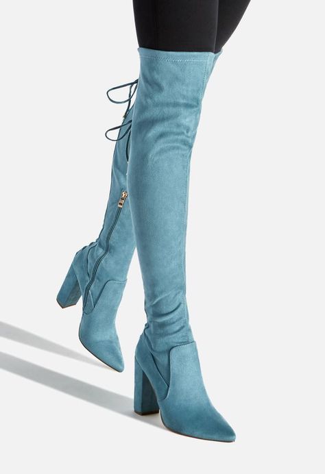 Evanna Over The Knee Boot in Light Blue - Get great deals at JustFab Womens High Heel Boots, Heel Boots For Women, Knee Stretches, Wide Width Boots, Wide Width Shoes, Knee Boot, Wide Calf Boots, Clothing Design, Fashion Group