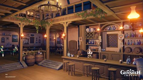 Gacha Bar Background, Mondstadt Visuals, Tavern Concept Art, Tavern Background, Genshin Tavern, Tavern Interior, Taverna Medieval, Bar Interior Design, Game Environment