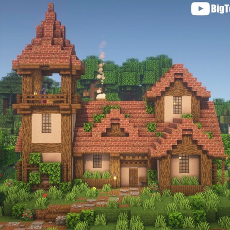 A large fairytale or fantasy-style cottage. Tutorial at the link! Cottage Style Minecraft House, Old Style Minecraft House, Minecraft Asthetic Houses, Large Minecraft Houses Cottagecore, Birch House Minecraft, Medevil Minecraft Houses, Elven Minecraft, Minecraft Empire, Large Minecraft Houses