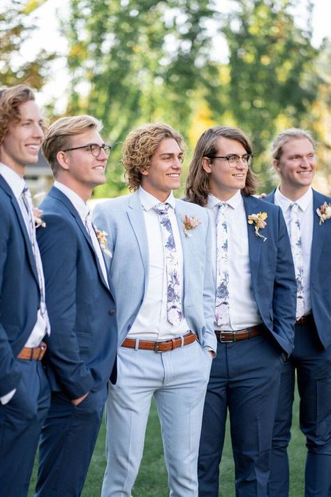 Pastel Wedding Tuxedo, Mismatched Groom And Groomsmen, Pastel Tuxedo Men, Groomens Attire, Blue Tux Wedding, Light Blue Suit Wedding, Blue Wedding Suit Groom, Blue Groomsmen Attire, Grooms Tux