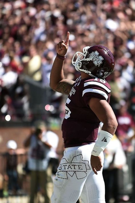 Mississippi State Football - Bulldogs Photos - ESPN-STARKVILLE, MS - OCTOBER 04: Dak Prescott #15 of the Mississippi State Bulldogs reacts to a touchdown during the third quarter of a game against the Texas A&M Aggies at Davis Wade Stadium on October 4, 2 Mississippi State Football, Msu Bulldogs, Msu Football, Mississippi Travel, Baggy Bulldogs, Hail State, Southeastern Conference, Football Top, Sec Football