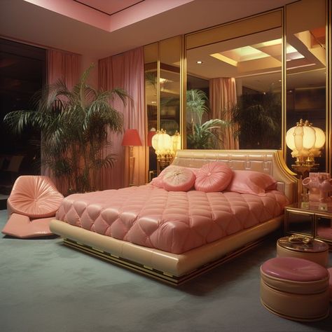 Miami Vice Bedroom Ideas, 80s Miami Aesthetic Bedroom, 80s Art Deco Bedroom, 1960s Aesthetic Decor, 80s Glam Bedroom, 80s Home Interior, 1980s Bedroom Aesthetic, 80s Aesthetic Bedroom, 50s Painting