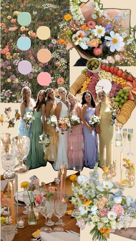 Wildflowers, antique glassware, candlesticks, pastels, snacks, champagne, ruffles, and FUN! Pastel Wedding Colors, Pastel Wedding Theme, Wedding Color Pallet, Future Wedding Plans, Antique Glassware, Garden Party Wedding, Pastel Wedding, Wildflower Wedding, Wedding Mood Board