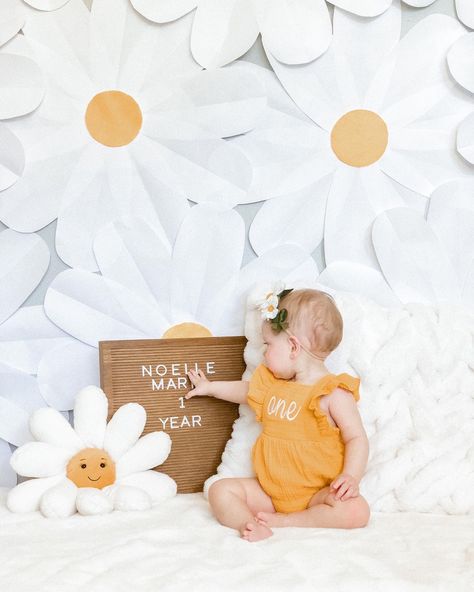 Daisy Inspired Birthday, Daisy Themed First Birthday Photoshoot, Daisy 1 Year Photoshoot, Retro Daisy 1st Birthday Party, Daisy Birthday Photoshoot, Daisy 1st Birthday Party Decorations, Daisy First Birthday Photoshoot, 1st Birthday Girl Daisy Theme, First Birthday Girl Daisy Theme