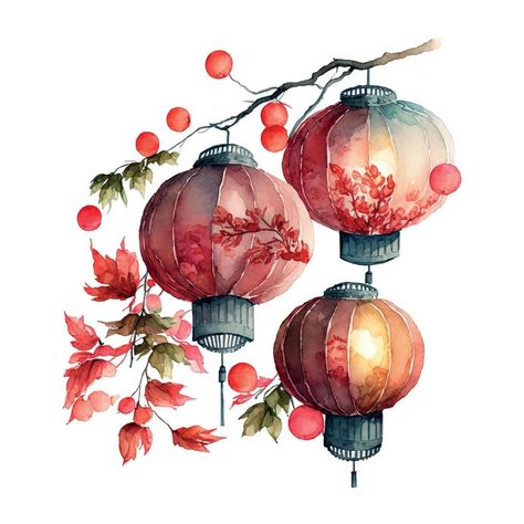 Tanglung Cina Drawing, Chinese Lanterns Painting, Lunar New Year Watercolor, Tanglung Cina, Chinese Lantern Art, Chinese Art Drawing, Chinese Lantern Drawing, Chinese New Year Watercolor, Festive Drawings