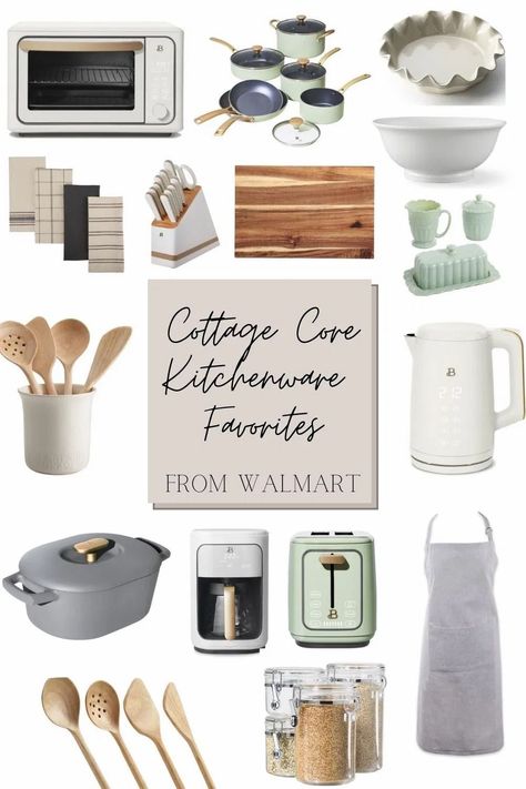 The best cookware, servingware, and kitchen decor from Walmart with a designer modern cottage style for less. Cottagecore Kitchenware, Ikea Pax Closet, Wooden Utensils Set, Modern Cottage Style, Kitchen Facelift, Dining Table Makeover, Ikea Bookcase, Home Decor Blue, Painting Shower