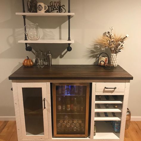 Cloffice Ideas, Coffee/wine Bar, Family Room Inspiration, Beverage Fridge, Liquor Bar, Diy Coffee Bar, Coffee Cocktails, Basement Bar, Rec Room