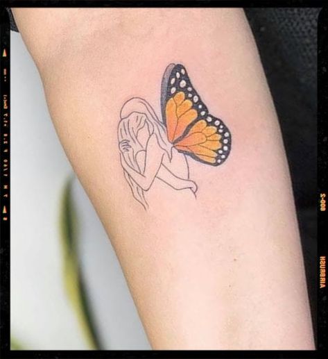 Father Daughter Butterfly Tattoo, Mum Butterfly Tattoo, Butterfly Kisses Tattoo Dads, Black And Yellow Butterfly Tattoo, Yellow Butterfly Tattoo Ideas, Warmth Tattoo, Lost Mom Tattoo, Mom Butterfly Tattoo, Yellow Ink Tattoo