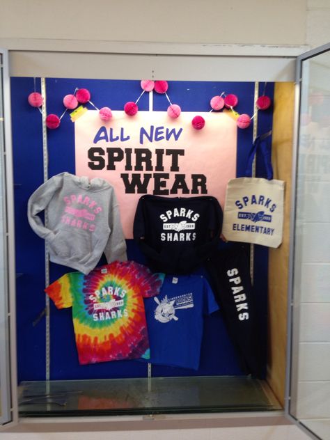 New (2015) spirit wear display                                                                                                                                                                                 More School Spirit Display Case Ideas, Spirit Wear Display Ideas, School Store Display Ideas, Pto Display Boards, School Spirit Store Ideas, School Store Ideas, School Spirit Ideas, Fundraiser Ideas School, School Spirit Ideas Pep Rally